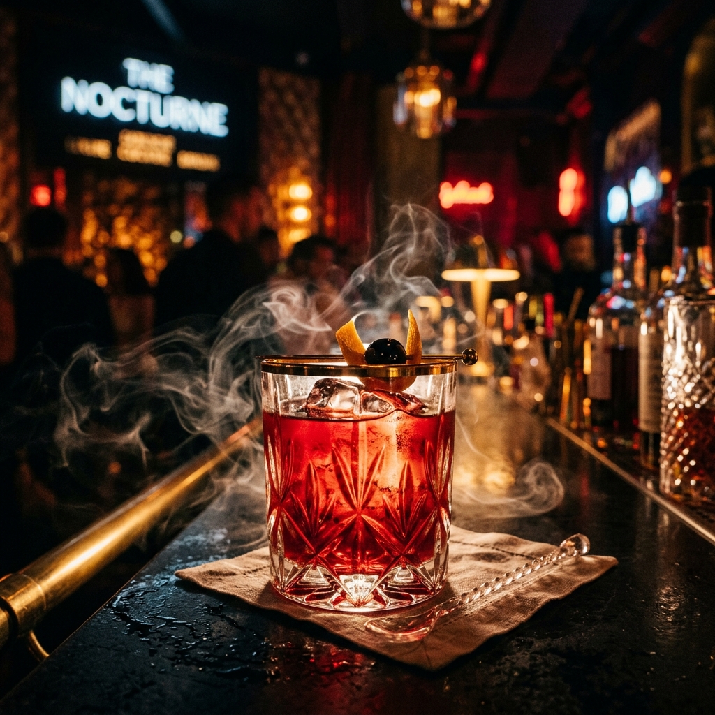 Lucifer's Flame — SINNERR signature smoked cocktail on the bar