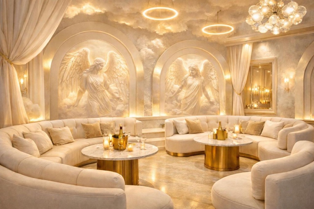 Heaven Lounge — SINNERR's celestial white and gold sanctuary