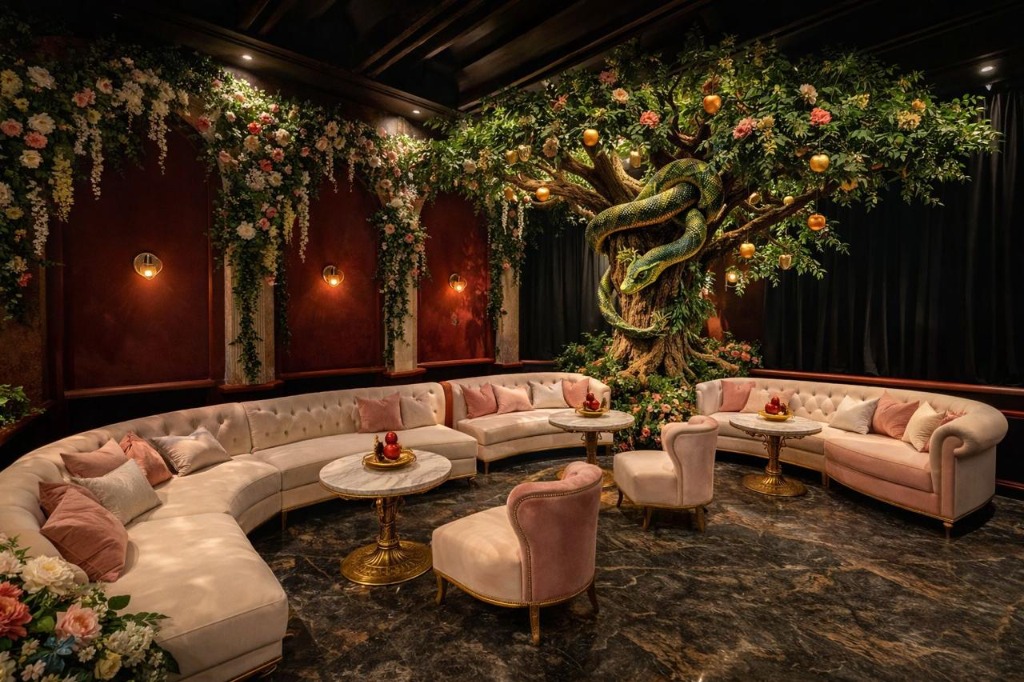 Garden of Eden VIP — SINNERR's lush VIP lounge with snake tree
